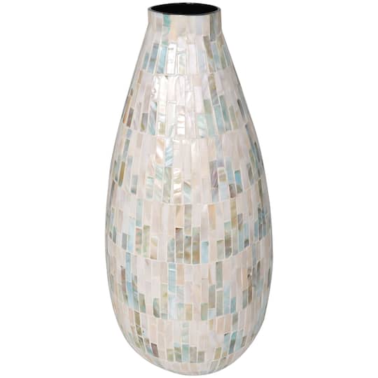 19&#x22; White Mother of Pearl Handmade Mosaic Inspired Vase with Pastel Blue &#x26; Pink Accents